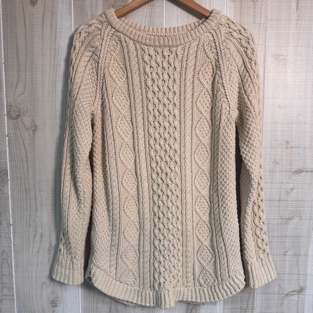 VTG LL Bean Fisherman Beige Crew Cable Knit Cotton Chunky Sweater Academia S